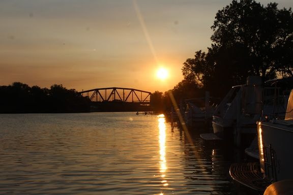 Sunset over marina bridge